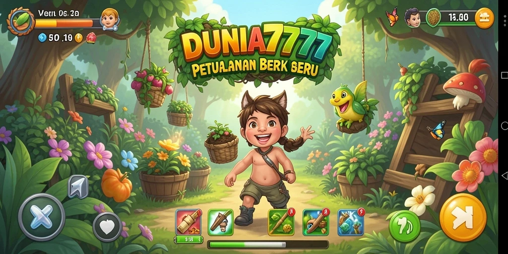 Tangkapan layar gameplay DUNIA777 menampilkan kebun yang indah dan beragam aktivitas pertanian.