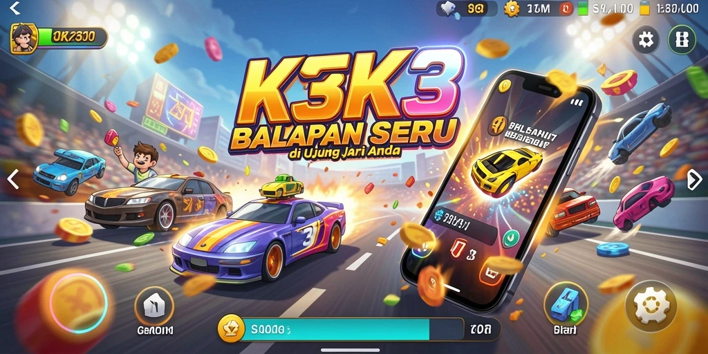 Screenshot utama K3K3 menunjukkan aksi balapan yang mendebarkan.