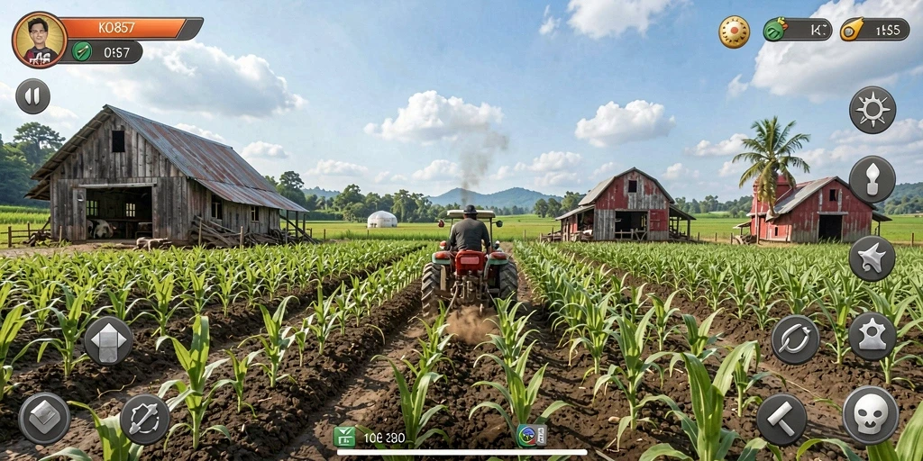 Screenshot gameplay KO857 menampilkan peternakan yang subur dan berbagai tanaman yang berwarna-warni.