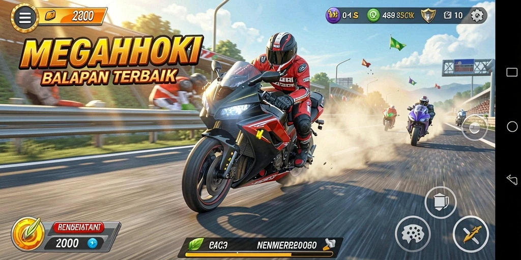 Gameplay memukau di MEGAHOKI dengan balapan seru dan menantang.