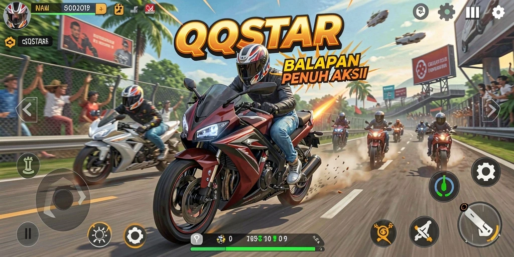 Tangkapan layar QQSTAR menampilkan aksi balapan yang seru dan mendebarkan.